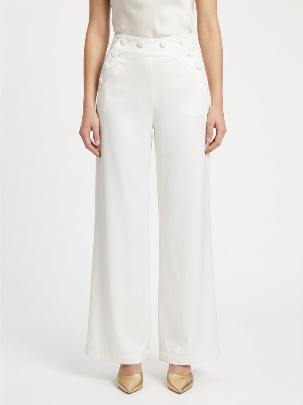 Misha Collection High Waisted Wide Leg Button Viscose Pants White S